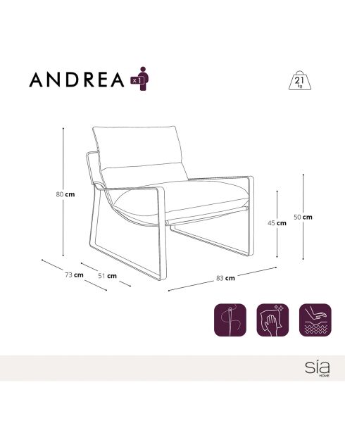 Fauteuil Andrea en Velours texturé kaki - 83x73x80 cm