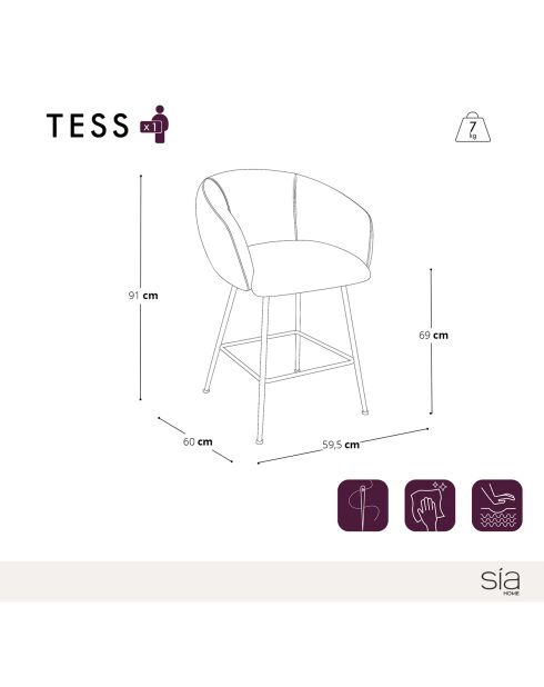 2 Tabourets de bar Tess en Velours tramé crème - 60x59.5x91 cm