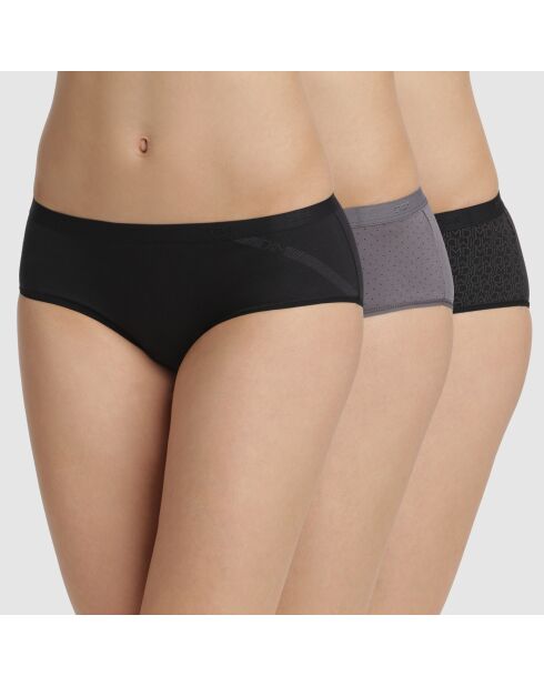 3 bóxers Les Pockets de algodón para mujer, negro/gris