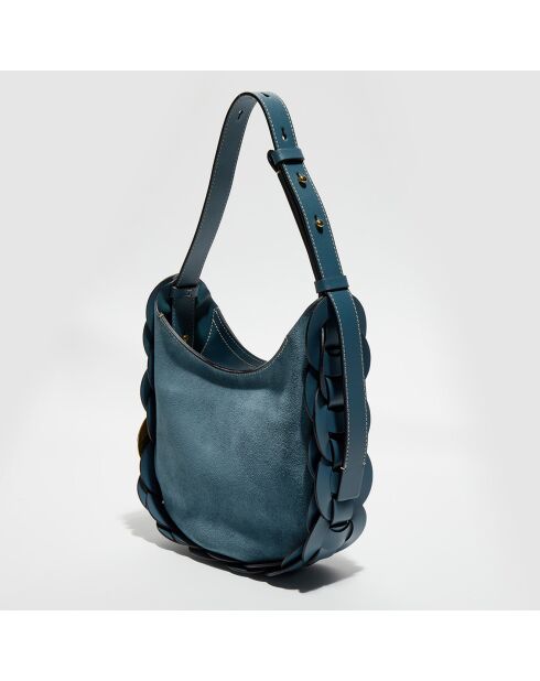 Sac porté épaule en Velours de Cuir Darryl bleu - 25x20x9 cm
