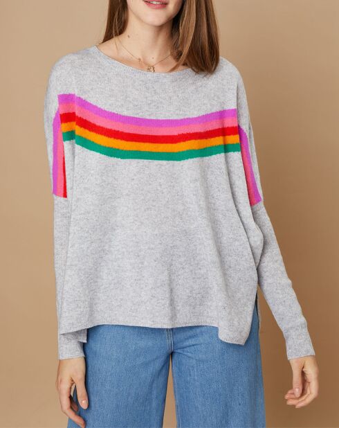 Pull poncho 100% Cachemire Rocky col rond à bandes gris chiné clair
