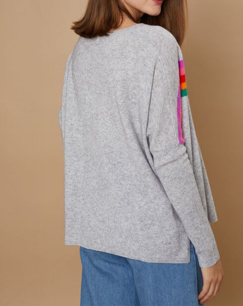 Pull poncho 100% Cachemire Rocky col rond à bandes gris chiné clair