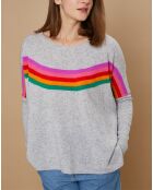 Pull poncho 100% Cachemire Rocky col rond à bandes gris chiné clair