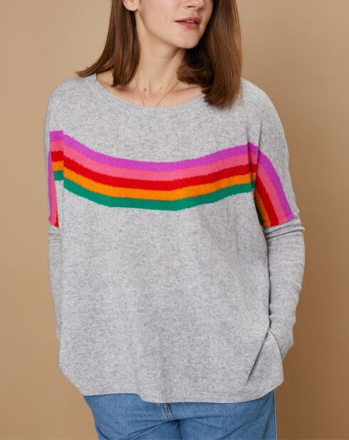 Pull poncho 100% Cachemire Rocky col rond à bandes gris chiné clair
