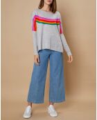 Pull poncho 100% Cachemire Rocky col rond à bandes gris chiné clair