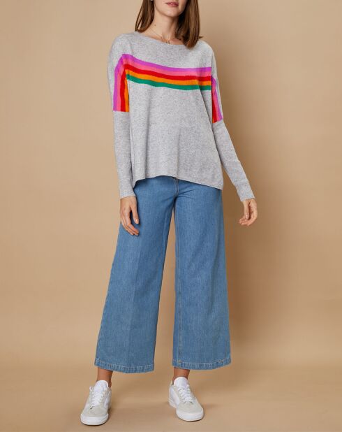 Pull poncho 100% Cachemire Rocky col rond à bandes gris chiné clair