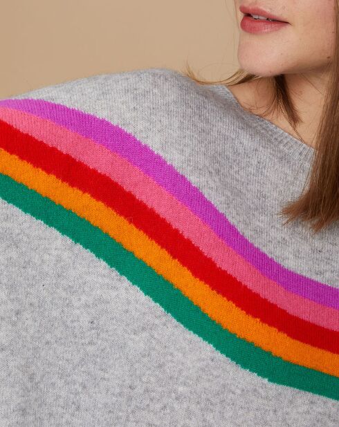 Pull poncho 100% Cachemire Rocky col rond à bandes gris chiné clair