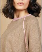Pull 100% Cachemire Bertha col rond manches raglan bicolore chataigne/bubble gum