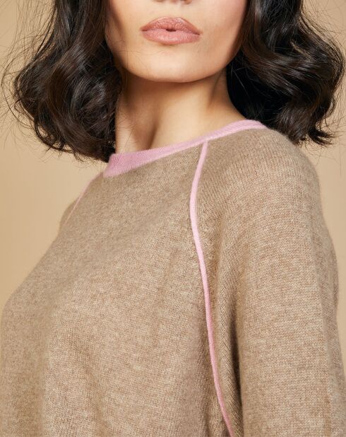 Pull 100% Cachemire Bertha col rond manches raglan bicolore chataigne/bubble gum