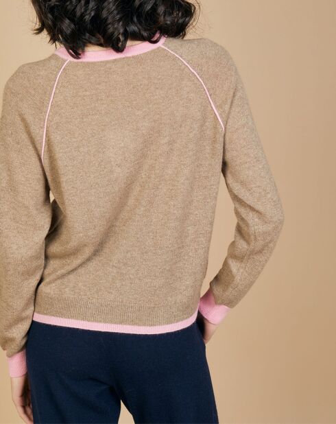 Pull 100% Cachemire Bertha col rond manches raglan bicolore chataigne/bubble gum