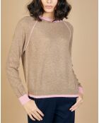 Pull 100% Cachemire Bertha col rond manches raglan bicolore chataigne/bubble gum