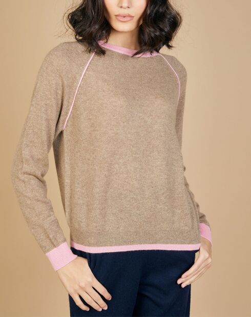 Pull 100% Cachemire Bertha col rond manches raglan bicolore chataigne/bubble gum
