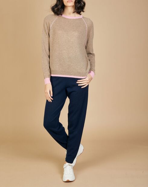 Pull 100% Cachemire Bertha col rond manches raglan bicolore chataigne/bubble gum