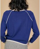 Pull 100% Cachemire Bertha col rond manches raglan bicolore nautique/greige