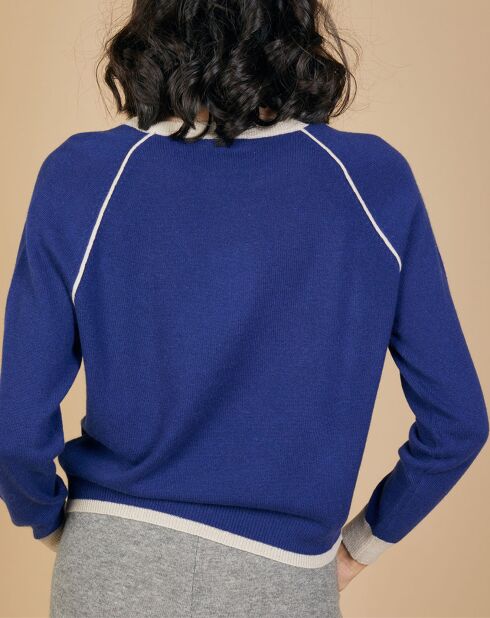 Pull 100% Cachemire Bertha col rond manches raglan bicolore nautique/greige
