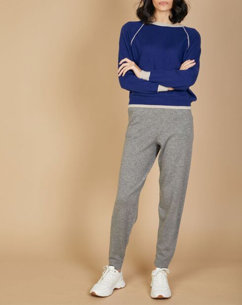 Pull 100% Cachemire Bertha col rond manches raglan bicolore nautique/greige