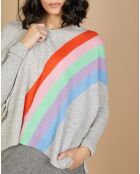 Pull poncho 100% Cachemire Intarsia Soleil col V gris chiné clair