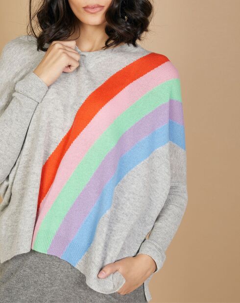 Pull poncho 100% Cachemire Intarsia Soleil col V gris chiné clair