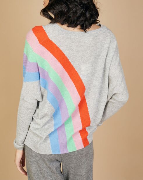 Pull poncho 100% Cachemire Intarsia Soleil col V gris chiné clair