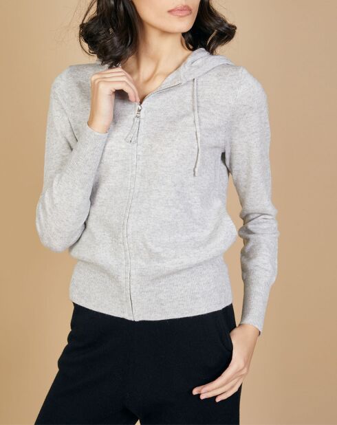 Gilet zippé à capuche en Laine & Cachemire Erica gris chiné clair