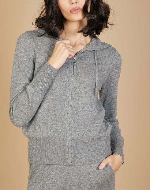 Gilet zippé à capuche en Laine & Cachemire Erica gris chiné foncé