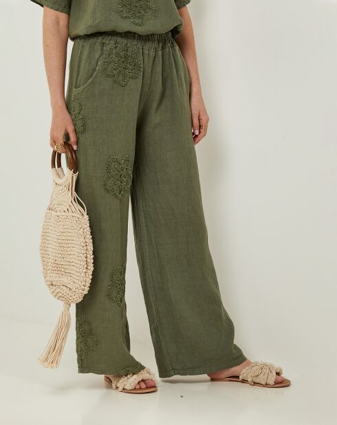 Pantalon 100% Lin Uma kaki