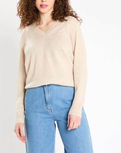 Pull 100% Cachemire Zocon col V beige clair