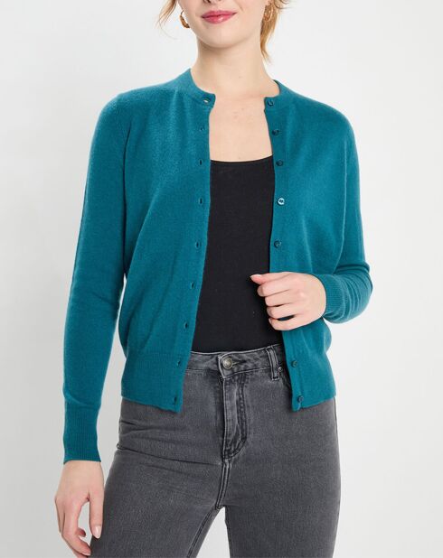 Cardigan 100% Cachemire Zacao col rond bleu/vert