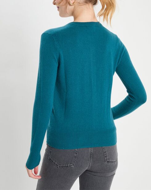 Cardigan 100% Cachemire Zacao col rond bleu/vert