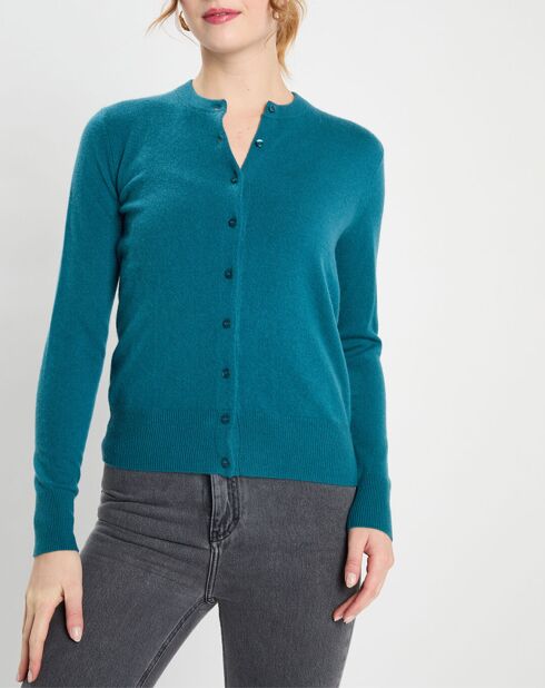 Cardigan 100% Cachemire Zacao col rond bleu/vert