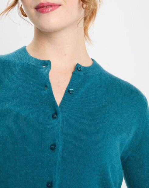Cardigan 100% Cachemire Zacao col rond bleu/vert