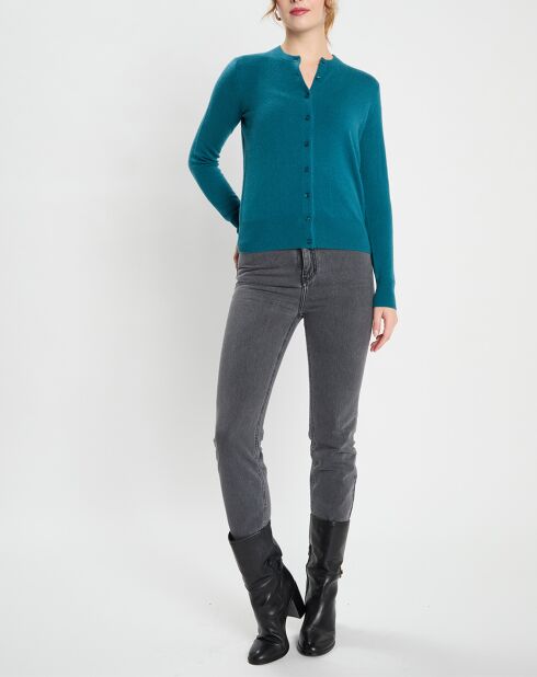 Cardigan 100% Cachemire Zacao col rond bleu/vert
