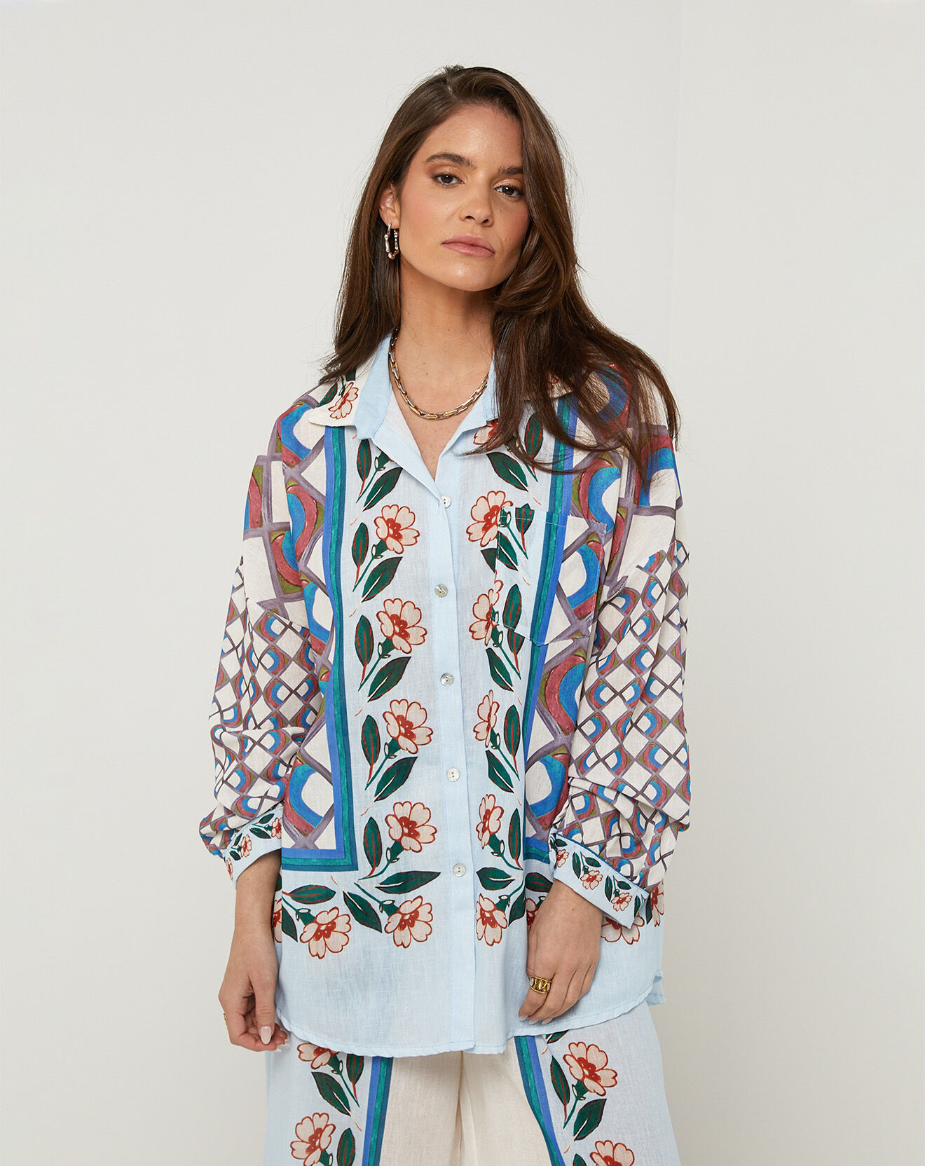 Chemise Rodier Neuve - Impression Bleu Nuageux, Manches Longues, Taille 41-42 (2XL) - 48% Coton, 52% Polyester