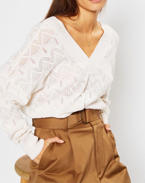 Pull en Laine & Cachemire Frani col V en maille ajourée écru