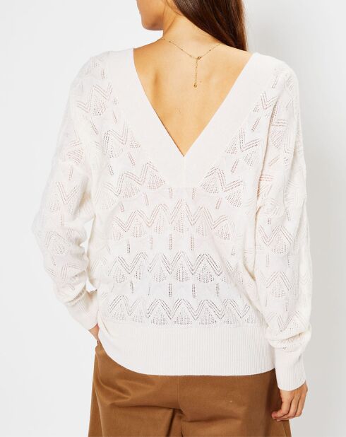 Pull en Laine & Cachemire Frani col V en maille ajourée écru