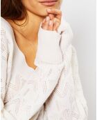 Pull en Laine & Cachemire Frani col V en maille ajourée écru
