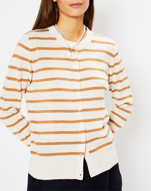 Cardigan en Laine & Cachemire Sacao rayé col rond beige/écru