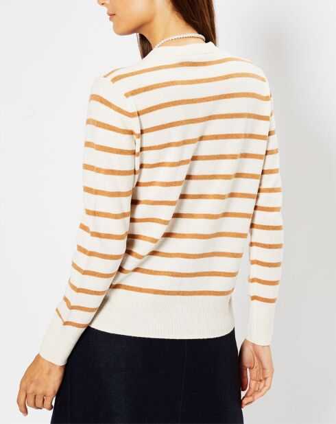 Cardigan en Laine & Cachemire Sacao rayé col rond beige/écru