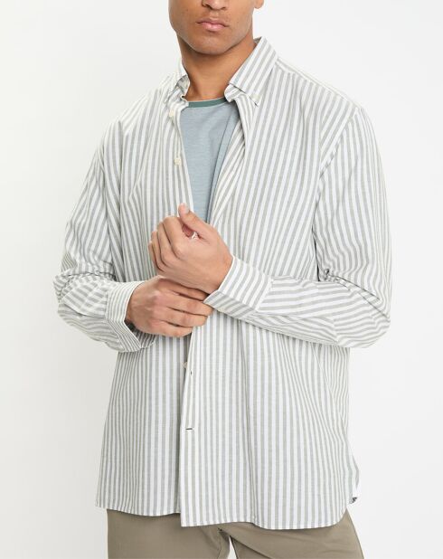 Chemise en Coton & Lin Slim Fit à rayures kaki/blanc
