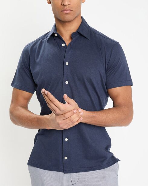 Chemise en Lin & Coton Slim Fit manches courtes Tricot bleue
