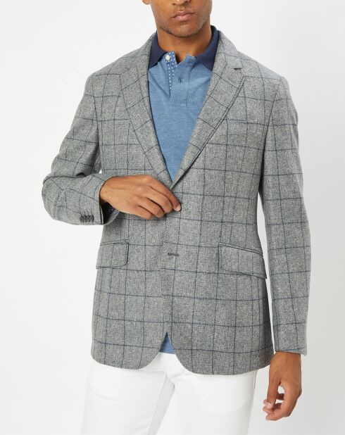 Veste 100% Laine à carreaux fins gris/bleu