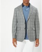 Veste 100% Laine à carreaux fins gris/bleu