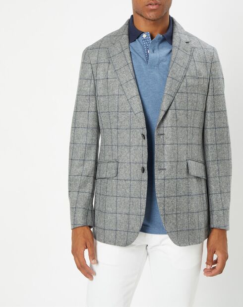 Veste 100% Laine à carreaux fins gris/bleu