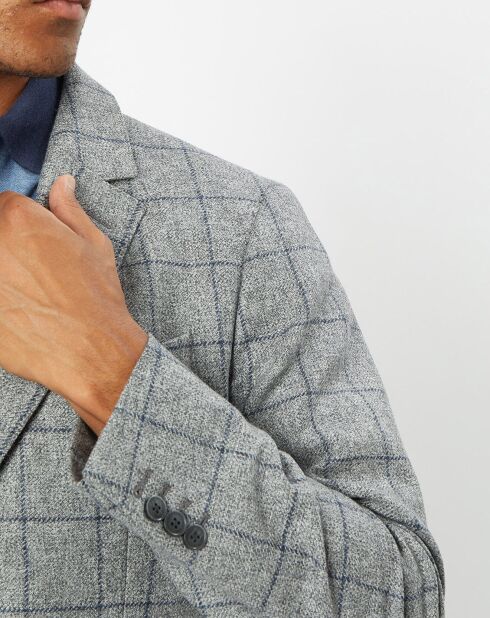 Veste 100% Laine à carreaux fins gris/bleu