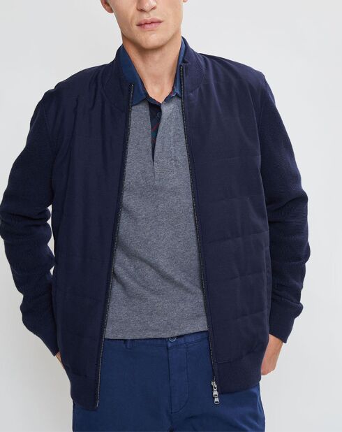 Bombers en Cachemire mélangé bimatière Nylon Tricot bleu marine