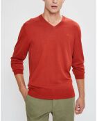 Pull en Laine mélangée col V coudières orange/rouge