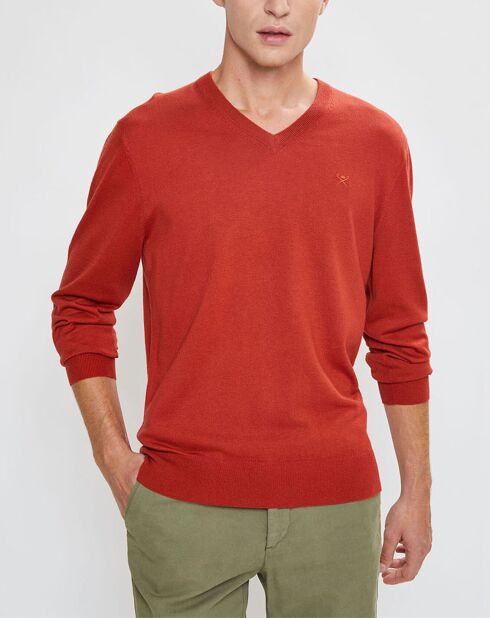 Pull en Laine mélangée col V coudières orange/rouge