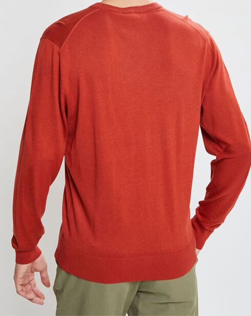 Pull en Laine mélangée col V coudières orange/rouge