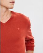 Pull en Laine mélangée col V coudières orange/rouge