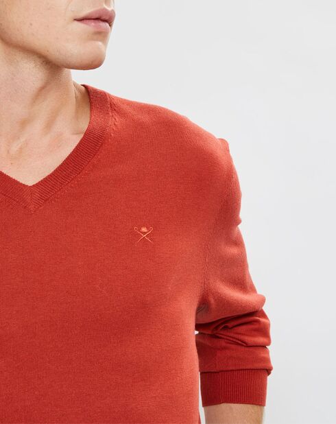 Pull en Laine mélangée col V coudières orange/rouge